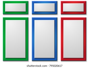 A set of color banners-green, red, blue.Three rectangular vertical banners consisting of two plates.A set of banners for business and advertising.Three color buttons.Vector label,ribbons,tags,buttons.