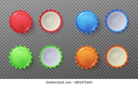 Set of color beer or soda drink bottle caps, realistic vector mockup illustration isolated on transparent background. Template of drink caps for identity design.