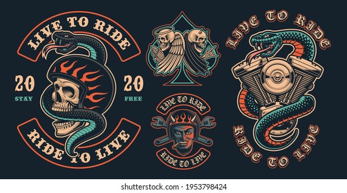 Set of color biker patches on a dark background. These vector illustrations are perfect for apparel designs, logos, and many other uses.