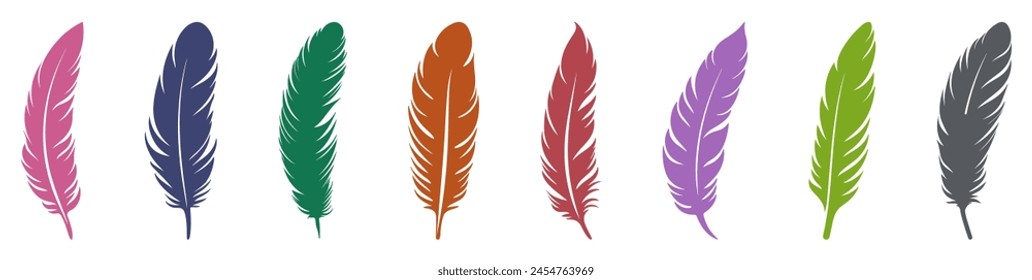 Set of color bird feather icons. Platelet collection. Vector illustration isolated on transparent background
