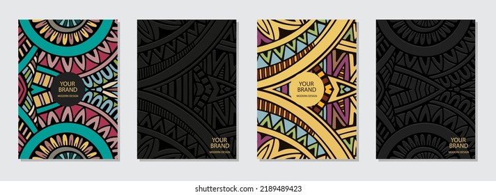 Conjunto de cubiertas de color y negro, plantillas verticales. Colección de fondos de relieve con un patrón 3D, textura étnica geométrica. Fantasía fundamental del Este, Asia, India, México, Aztecas, Perú.