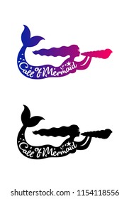 Set of color and black graphic drawings of mermaid singing on sea shell. Lettering – Call of Mermaid. Marine logo, symbol, icon or tattoo, character, vector illustration, isolated on white background.