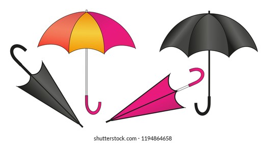 Set of color and black umbrellas in different positions.