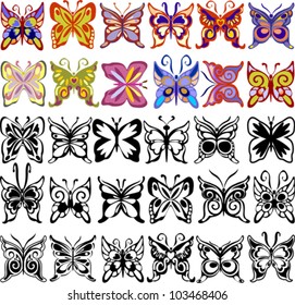 Set of Color, Black and White Butterflies on White Background, Vector Version