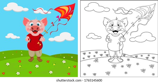 A set of color and black and white drawings with a cute pig for coloring. Vector illustration.