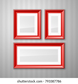 Set of color blank picture frames different sizes. Frame with passepartout hanging on a color wall from the Front. Design empty fotoframe template for Mock Up. Vector illustration