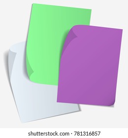 Set of color blank sheet of paper with curved corner and with shadow on transparent background.
