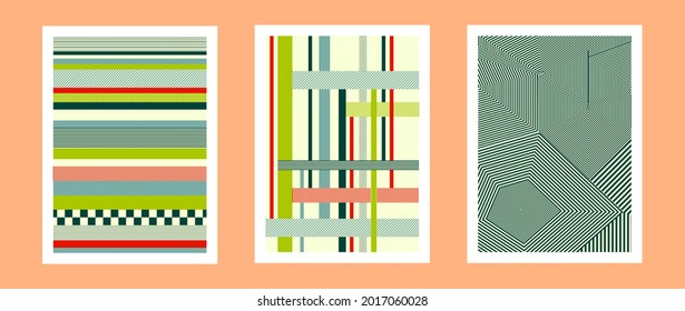 Set Of Color Blocking Cover Design Template. Red, Green, Cream And Pale Blue Color Shape Composition.