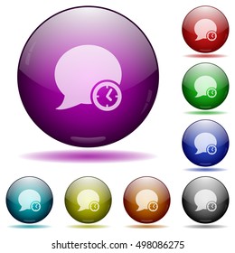 Set of color blog comment time glass sphere buttons with shadows.