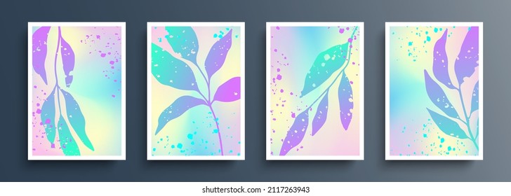 Set of color botanical elements on blurred background. Abstract floral backgrounds with holographic effect for your creative graphic design. Vector illustration.