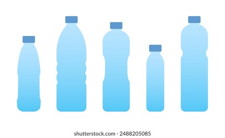 Set color bottles water. Vector icon flat. Blue plastic bottles. 