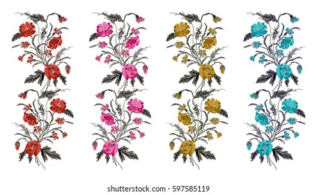 Set. Color  bouquet of flowers (poppies,ears of wheat and cornflowers).Ukrainian embroidery elements. Hand made. Border pattern. Can be used as pixel-art.  