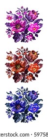 Set. Color bouquet of wildflowers (lilia, bellflower, barberry flower and cornflowers)  using traditional Ukrainian embroidery elements. Can be used as pixel-art.  
