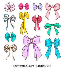 Set of color bows for the design congratulatory cards, gifts, souvenirs. Drawing sketches.
