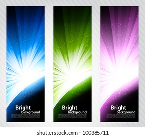 Set of color bright banners with rays