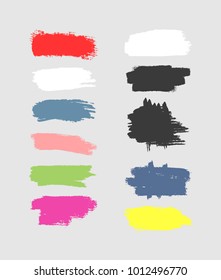 Set of color brush strokes. Red, white, blue, pink, green, black, purple, yellow grunge textures. Sketch, watercolour, paint. Vector illustration.