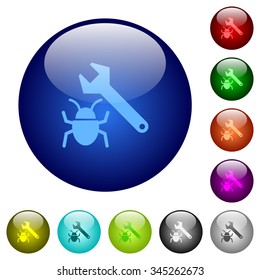 Set of color bug fixing glass web buttons. Arranged layer structure.