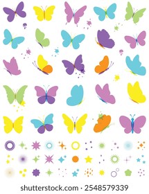 Set of color butterflies, collection of silhouettes. Butterfly colorful, flying shape, vector design. Abstract modern monarch butterfly contours for decoration. Magical sparkle, glow, stars, shine set