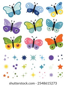 Set of color butterflies, collection of silhouettes. Butterfly colorful, flying shape, vector design. Abstract monarch butterfly contours for kids decoration. Magical sparkle, glow, stars, shine set