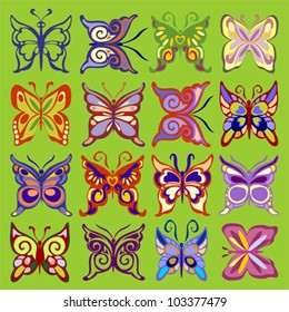 Set of Color Butterflies on Green Background, Vector Version