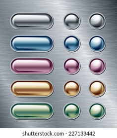 Set of color buttons on metal plate. Eps8. CMYK. Global colors. Organized by layers. Gradients used.