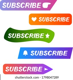 Set of color buttons of subscribe with hand, heart, star, bell and arrow in violet, orange, blue and green theme