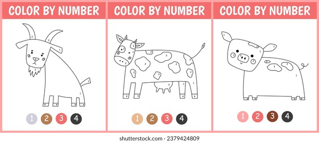 Set color by number game for kids. Cute goat, cow and pig. Farm coloring page. Printable worksheet with solution for school and preschool. Learning numbers activity.