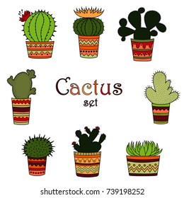 A set of color cactuses in pots in the Mexican style. White background.