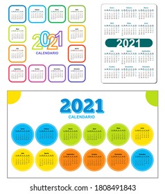 Set Color calendar 2021 year, spanish. Circle and square shape. Week starts from Monday. Vector template calendar for business on white background. circle color frame.