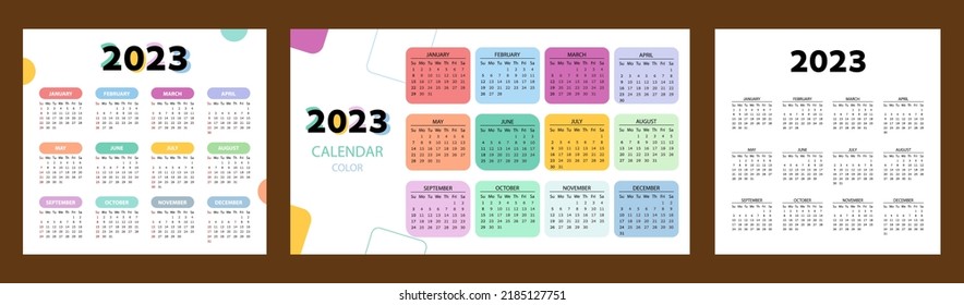 Set color Calendar 2023 year. Vector template collection. Simple design. Week starts on Sunday. Calendar on white Background for business. 