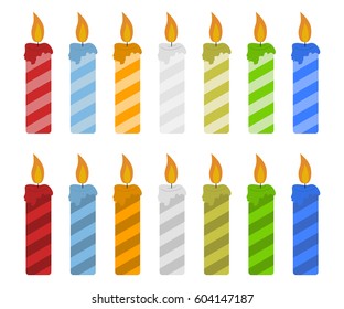 Set of color candles vector illustration isolated on white background. Simple candle with strips flat concept vector. Vector birthday candle in flat style. Big candles kit with twisted strips
