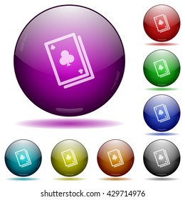 Set of color card game glass sphere buttons with shadows.
