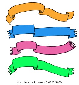 Set of color cartoon banner. Vintage ribbon for decoration. Old school style vector illustration. Hand drawing.