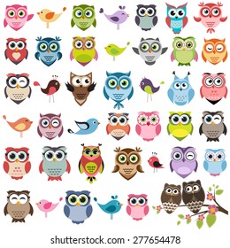 Set of color cartoon owls and birds