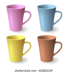 Set of color ceramic coffee cups isolated on white background. Vector template for Mock Up. Vector illustration