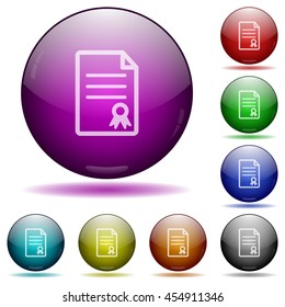 Set of color Certificate document glass sphere buttons with shadows.