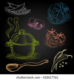 Set of color chalk drawn on a blackboard food, spices. Hot soup in a pot. Wooden spoon, mushrooms, tomato, pepper, cabbage, peas. Hand drawn vector illustration.