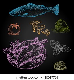 Set of color chalk drawn on a blackboard food, spices. Fish, trout, salmon, tomatoes, parsley, lemon, basil, mushrooms. Hand drawn vector illustration.