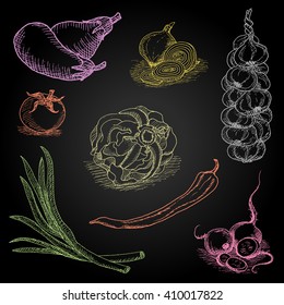 Set of color chalk drawn on a blackboard food, spices. Eggplant, onions, cabbage, garlic, tomato, pepper, radish, turnip, beets. Hand drawn vector illustration.