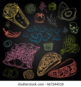 Set of color chalk drawn on a blackboard, food, spices. Hand drawn, sketch vector illustration. Fast food. Mexican food. Taco, burrito, ingredients, mushrooms, tomato, pepper, onion, salad.