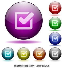 Set of color Checkbox glass sphere buttons with shadows.