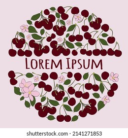 A set of color cherries in a circle with an inscription in the middle. Vector graphics
