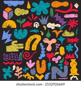 Definir cor crayon infantil desenhado doodle. Desenhos de lápis de crianças, rabiscos em estilo infantil feminino, flor, coroa, conjunto de estrelas. Ícones de giz de cor brilhante do vetor. Modelo mão livre bonito garoto rabiscos.