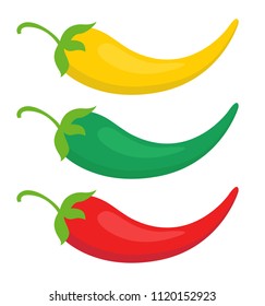 Set color chili pepper icon yellow, green and red chili pepper vector Illustration isolated flat
