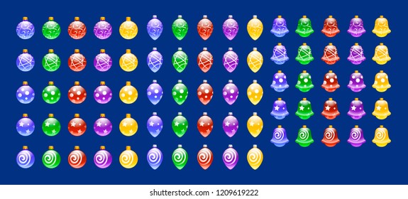 Set of color Christmas balls in different colors hanging. Vector illustration.