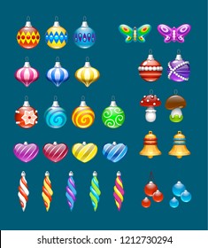 Set of color Christmas balls in different colors hanging. Vector illustration.