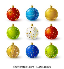 Set of color Christmas balls with golden decorations