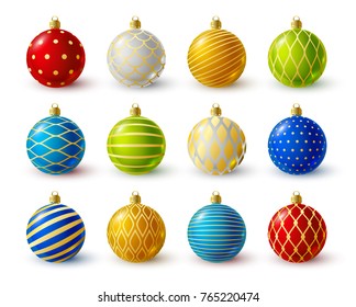 Set of color Christmas balls with golden ornate