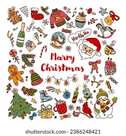 Set of color Christmas design fun doodle elements. Vector hand drawn 