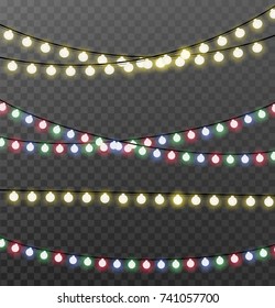 Set of color christmas lights garlands  isolated on transparent background. Vector illustration.